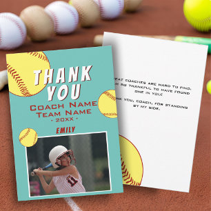 Dank coach geel softbal fotokaart bedankkaart