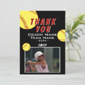 Dank coach geel softbal fotokaart bedankkaart (Staand voorkant)