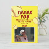 Dank coach gele softbal fotokaart bedankkaart (Staand voorkant)