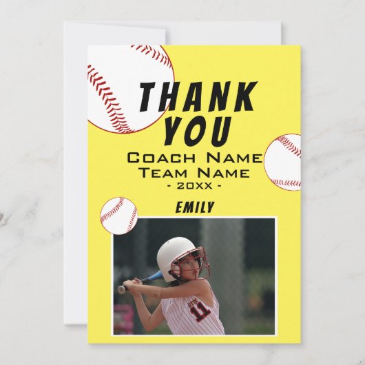 Dank coach gele softbal fotokaart bedankkaart (Voorkant)