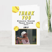 Dank coach gele softbal fotokaart bedankkaart (Voorkant)