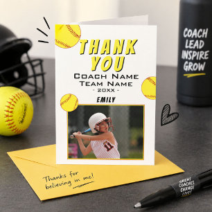 Dank coach gele softbal fotokaart bedankkaart