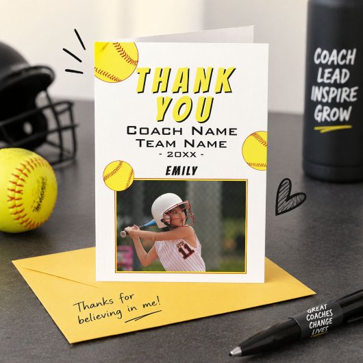 Dank coach gele softbal fotokaart bedankkaart