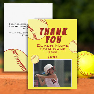 Dank coach gele softbal fotokaart bedankkaart