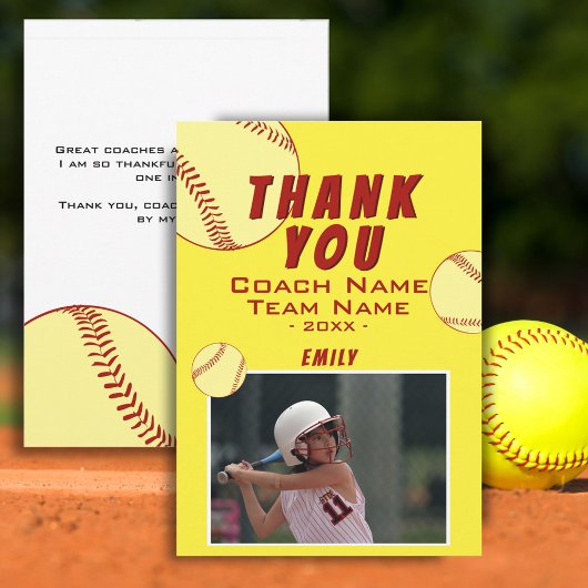 Dank coach gele softbal fotokaart bedankkaart