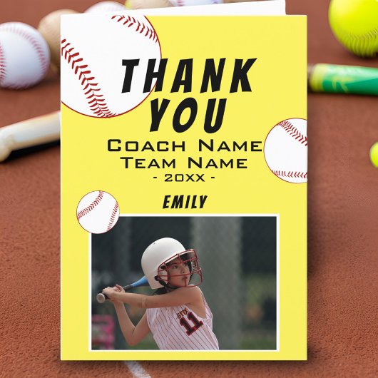 Dank coach gele softbal fotokaart bedankkaart