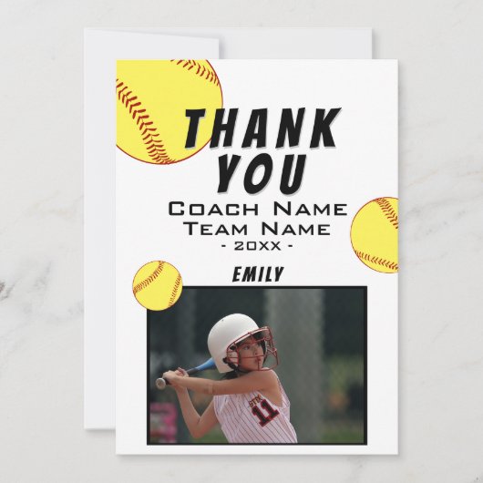 Dank coach gele softbal fotokaart bedankkaart (Voorkant)