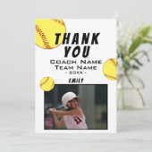 Dank coach gele softbal fotokaart bedankkaart (Staand voorkant)