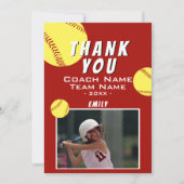 Dank coach rood softbal fotokaart bedankkaart (Voorkant)