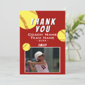 Dank coach rood softbal fotokaart bedankkaart (Staand voorkant)