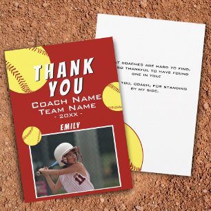 Dank coach rood softbal fotokaart bedankkaart