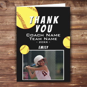 Dank coach zwart softbal fotokaart bedankkaart