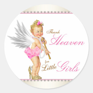Dank de hemel voor kleine meisjes Baby shower Ronde Sticker