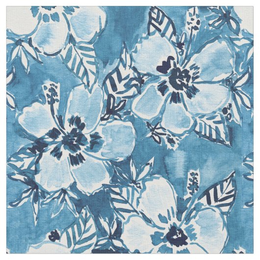 DANK DUDETTE Navy Tropical Hibiscus Pattern Stof (Close Up)