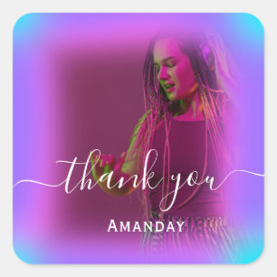 Dank Foto Neon Roze Holograaf Zanger Muziek Meisje Vierkante Sticker