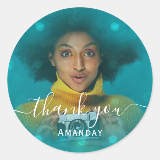 Dank Foto  Roze Verjaardagsfeestje Meisje Teal Ronde Sticker (Voorkant)