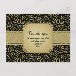 Dank Je 20e Verjaardag Nummer Patroon Zwart/Goud Briefkaart