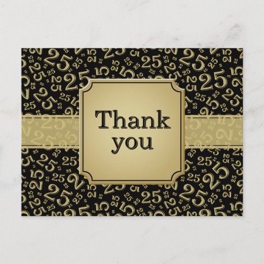 Dank Je 25 Nummer Zwart Goud/Wit Briefkaart (Voorkant)