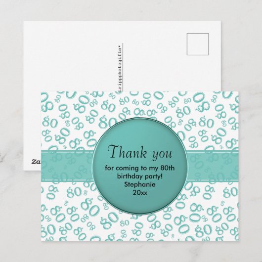 Dank Je 80e Turquoise/Wit Verjaardag Nummer Patroo Briefkaart (Voorkant / Achterkant)