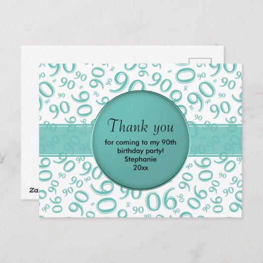 Dank je: 90ste Teal/Wit verjaardags-nummerpatroon Briefkaart (Voorkant / Achterkant)