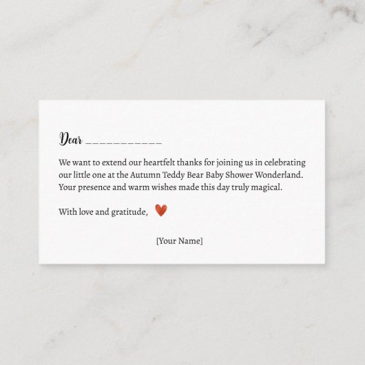Dank je! Autumn Teddy Bear Baby shower Informatiekaartje (Achterkant)