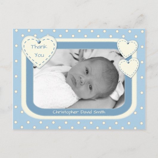 Dank je Baby Boy Foto Briefkaart Blue Polka Dots (Voorkant)