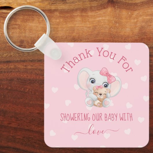 dank je baby shower meiden roze hartsolifant sleutelhanger (Voorkant)