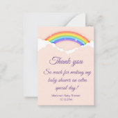 dank je baby shower regenboog roze paarse script notitiekaartje (Voorkant)