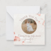dank je baby shower roze confetti foto notitiekaartje (Voorkant)