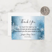 dank je baby shower waterverf blauwe sneeuwvlokken notitiekaartje (Voorkant / Achterkant in situ)