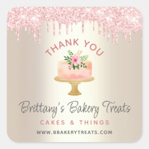 Dank Je Bakkerij Cake Blush Roze Glitter Drip Goud Vierkante Sticker