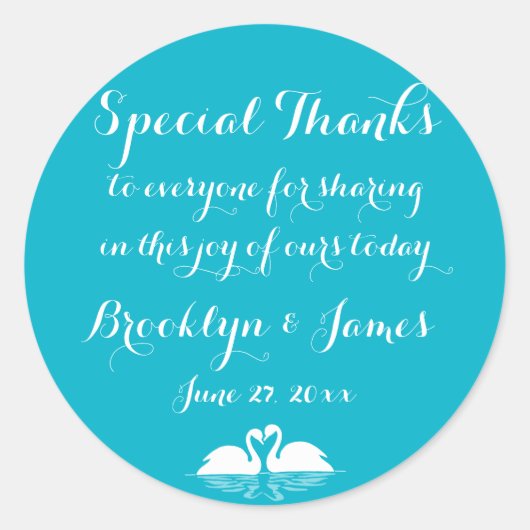 Dank je blauwe witte trouwstickers met zwanen ronde sticker (Voorkant)