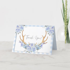 Dank je | Blue Gingham BOHO Floral Antlers Bedankkaart