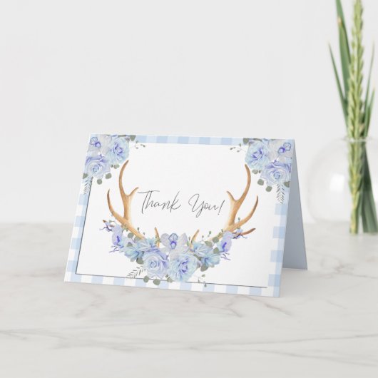 Dank je | Blue Gingham BOHO Floral Antlers Bedankkaart (Voorkant)