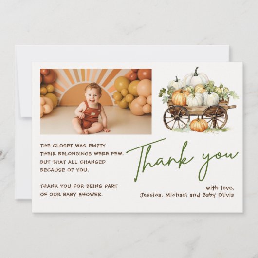 Dank je Boho Foto Herfst Pompoen Baby Shower Kaart (Voorkant)