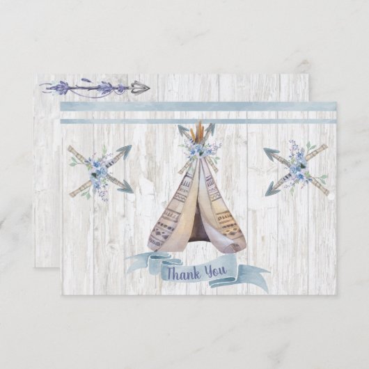Dank je | Boy Baby Blue Shower Boho Chic Teepee Bedankkaart (Voorkant / Achterkant)