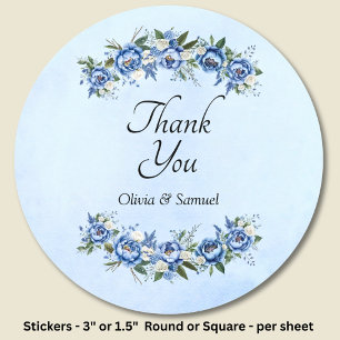 Dank Je & Bruid & Bruidegom Namen Blauwe Pioen Ronde Sticker