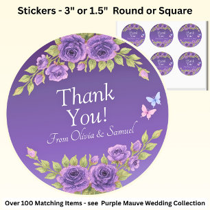 Dank je! Bruid, Bruidegom Namen Paarse Mauve Bloem Ronde Sticker
