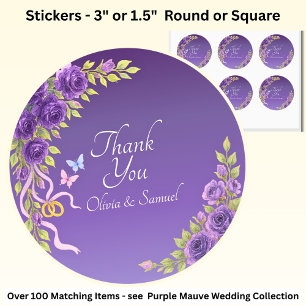 Dank je bruid, bruidegom namen paarse mauve bloeme ronde sticker