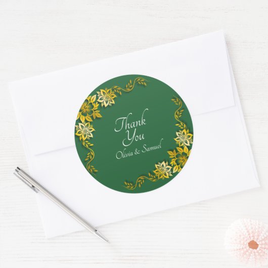 Dank je Bruid, Bruidegom Namen Smaragdgroen & Goud Ronde Sticker (Envelop)