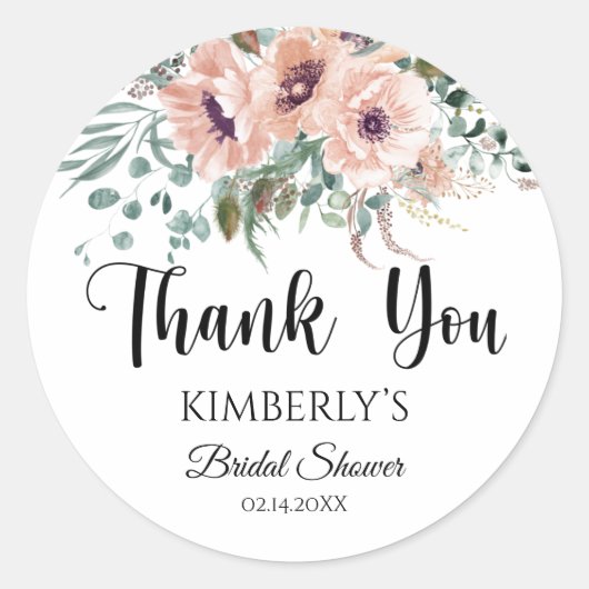 Dank je Bruids Shower Roze Bloemen Sticker (Voorkant)