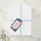 Dank je Bruiloft Feest Roze Bloem Marine Strepen Cadeaulabel (Met Touw)