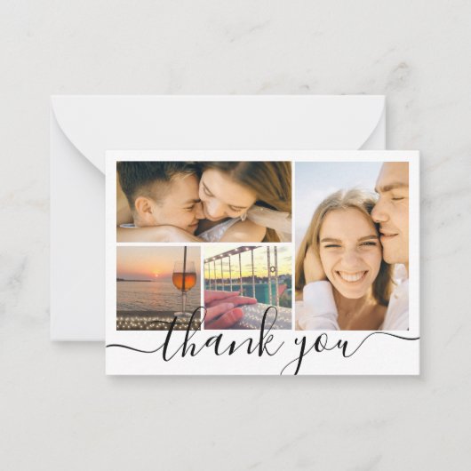 dank je chic handschrift 4 foto collage bruiloft notitiekaartje (Voorkant)