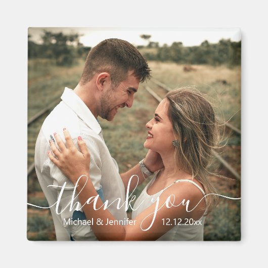 dank je chic handschrift trouwfoto magneet (Voorkant)