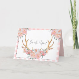 Dank je | Coral Gingham BOHO Floral Antlers Bedankkaart