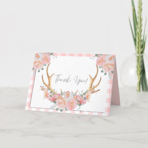 Dank je   Coral Gingham BOHO Floral Antlers Bedankkaart