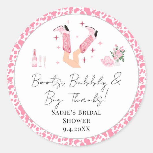 Dank je Cowboylaarzen & Mousserende Wijn Bruidsmei Ronde Sticker (Voorkant)