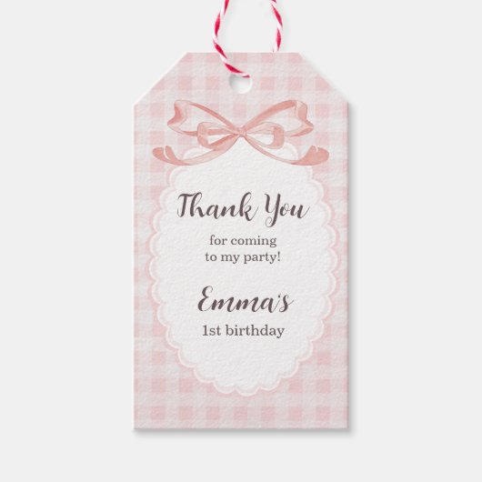 Dank je dat je er bent 1e verjaardag Roze Gingham Cadeaulabel (Voorkant)