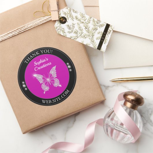 Dank je, Diamond Butterfly, Zwart & Fuchsia Ronde Sticker (Geschenken)