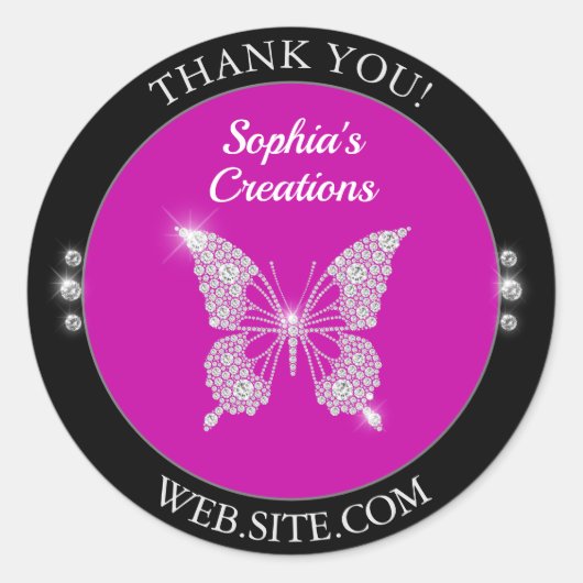 Dank je, Diamond Butterfly, Zwart & Fuchsia Ronde Sticker (Voorkant)
